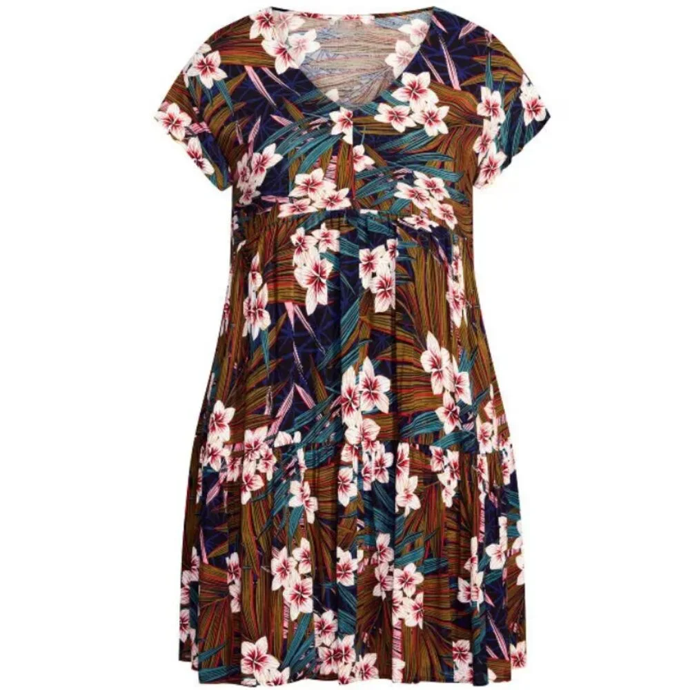 Loralette Floral Palm Tiered Flutter Sleeve Dress 20
